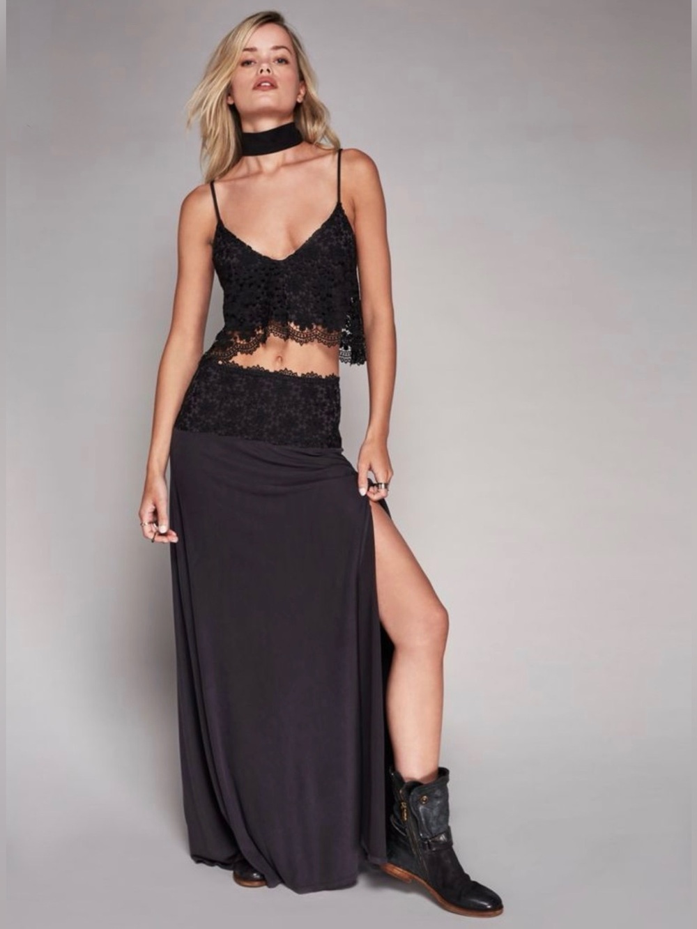 🔥 RARE FREE PEOPLE BETTER TOGETHER 2-PIECE MAXI SKIRT TOP SET BLACK SMALL MINT